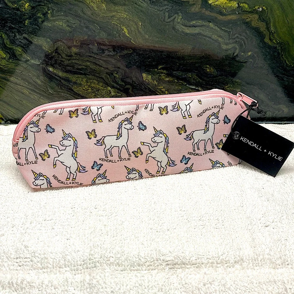 Kendall + Kylie Unicorns and Butterflies Print Bag Pouch Pink Zip Top New